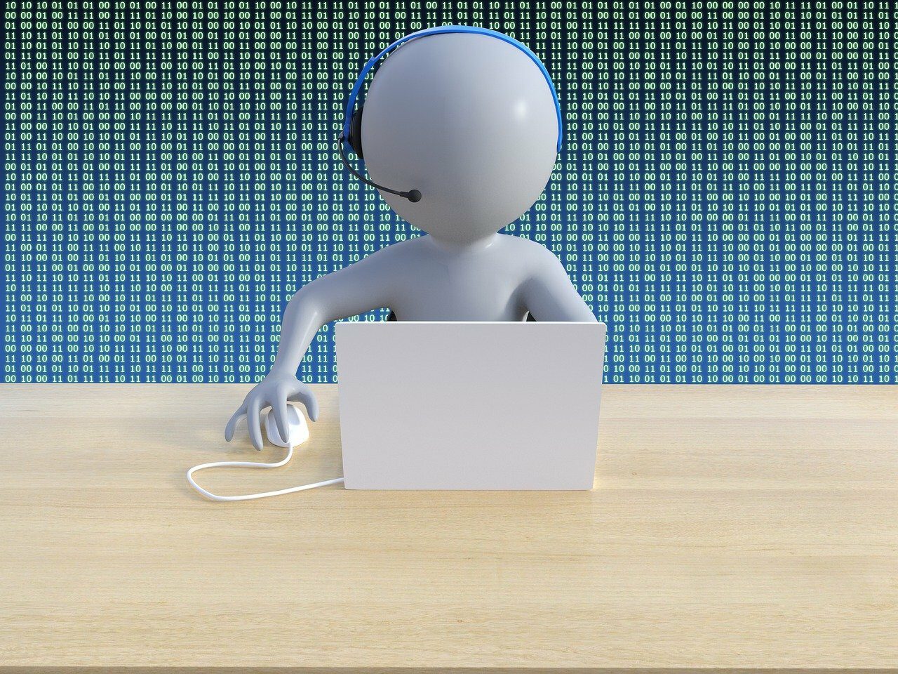 Stylized support figure with headset on a digital binary background